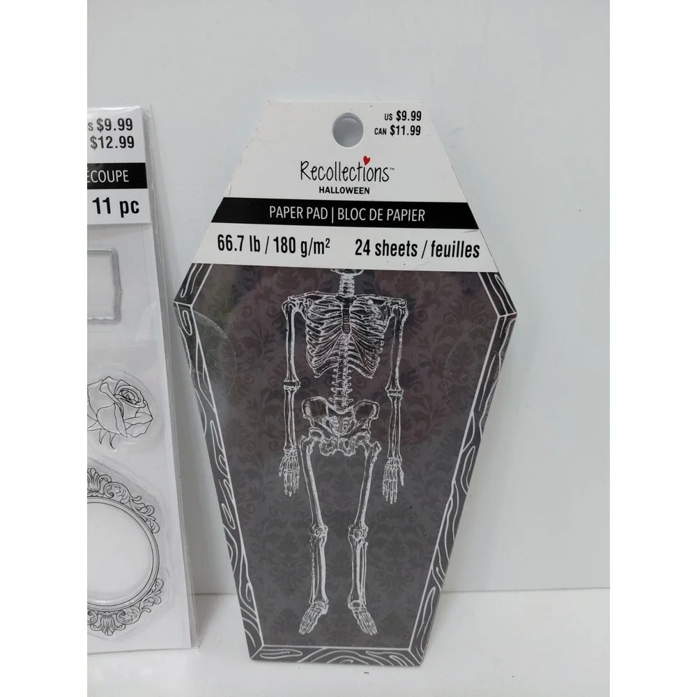 SET of 2 Halloween Stationary Paper Pad Skeleton 24 sheets Clear Stamps 11 pc‎